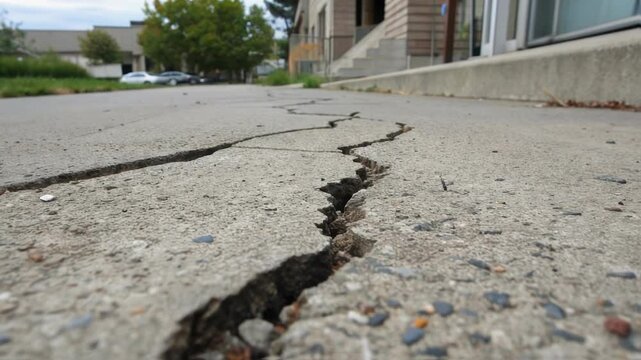 Medium closeup of a crack forming on a selfhealing concrete slab with microcapsules bursting and releasing a healing agent represented by tiny droplets beginning to merge.