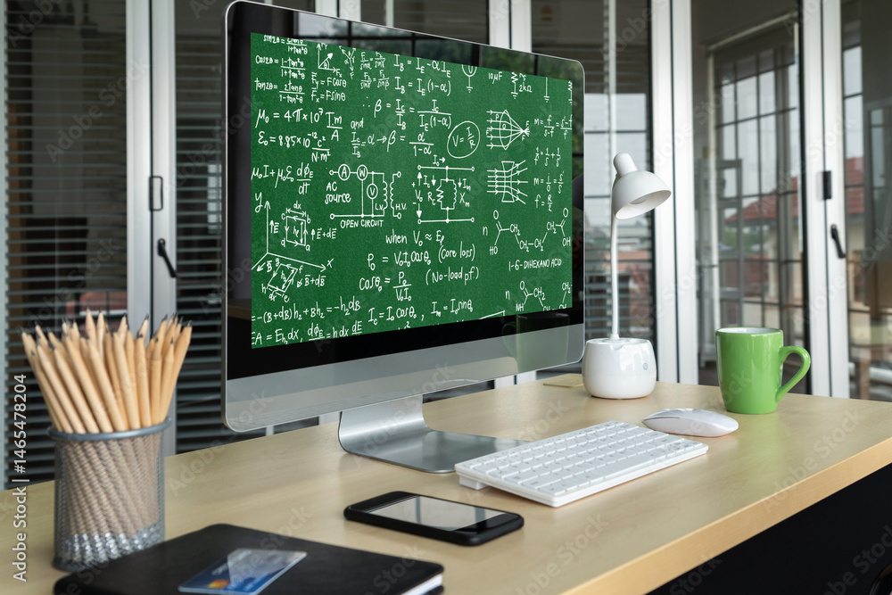 Poster mathematic equations and modish formula on computer screen showing concept of science and education