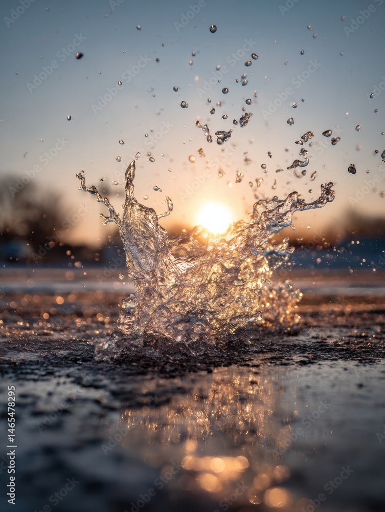 Leinwandbilder water splash captured midair with sunburst creating a stunning visual effect at dusk generative ai