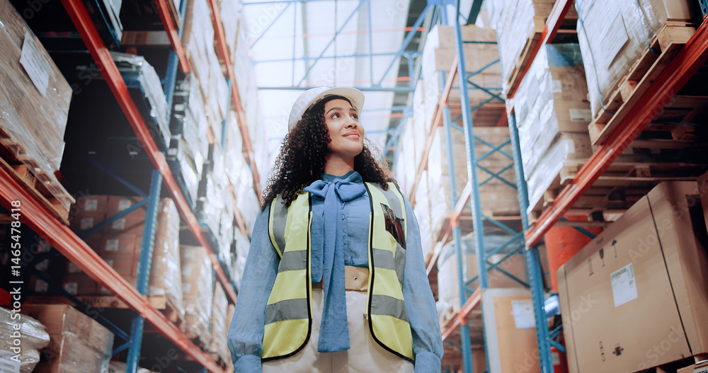 Poster warehouse, walking and woman in logistics inventory for checking boxes, shelf and stock management i