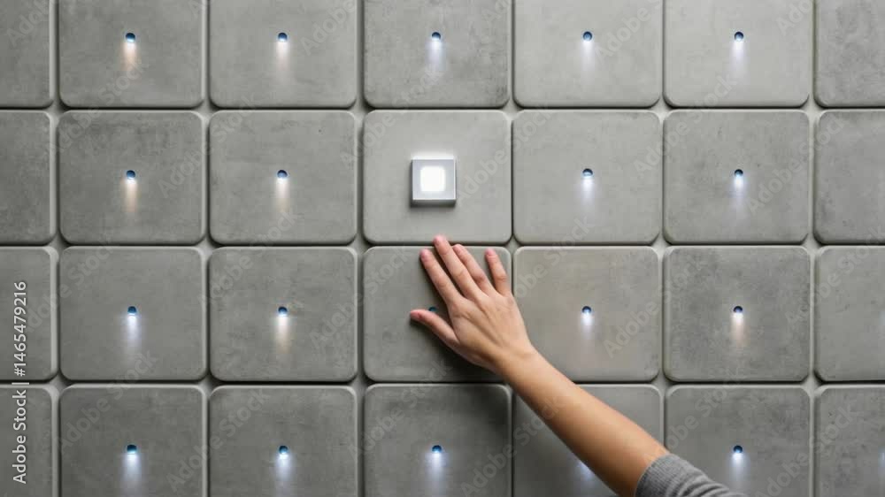Poster Medium closeup of a smart concrete wall with a persons hand grazing over it demonstrating user interaction with sensors that trigger ambient light changes.