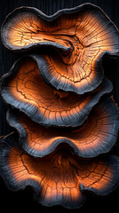 Stacked, charred wood slices, intricate patterns