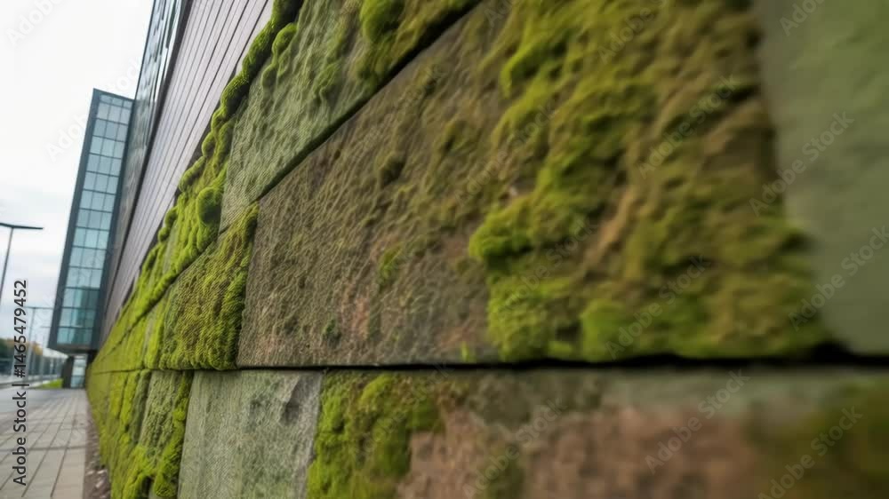 Poster medium closeup of a textured facade made of biobased materials with moss and algae deliberately cult