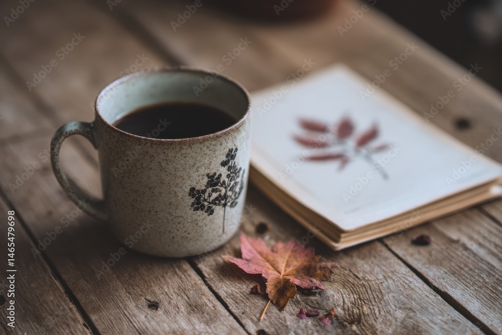 Fototapete warm mug of coffee beside vintage notebook with falling leaf sketch on rustic wooden table generativ