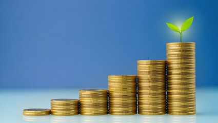 Croissance Financière et Investissement, Piles de Pièces d'Or avec Jeune Pousse Verte, Épargne et Succès