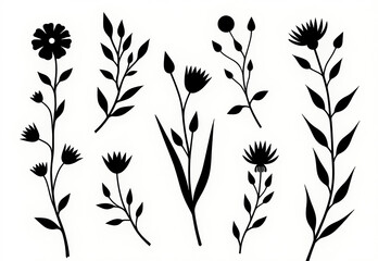 illustration of flowers and plants black on white background