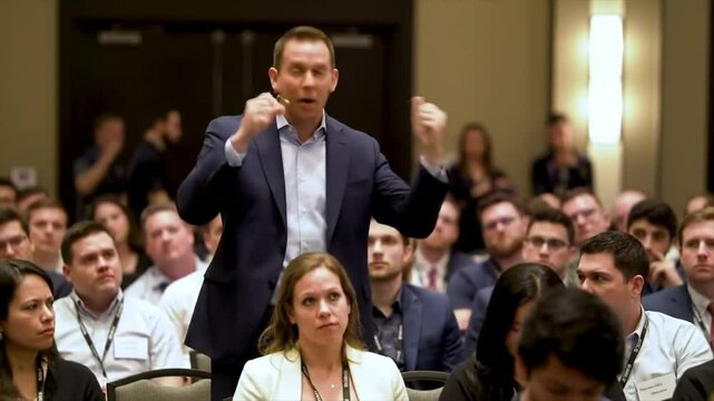 A dynamic speaker captivates a diverse audience at a business conference, sharing insights and engaging with attendees. The event showcases professional networking in an informative atmosphere