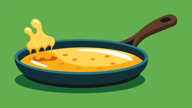 A hot iron pan is covered in a generous layer of melted cheese ready to be topped with the baked Sopa Paraguaya.. Vector illustration