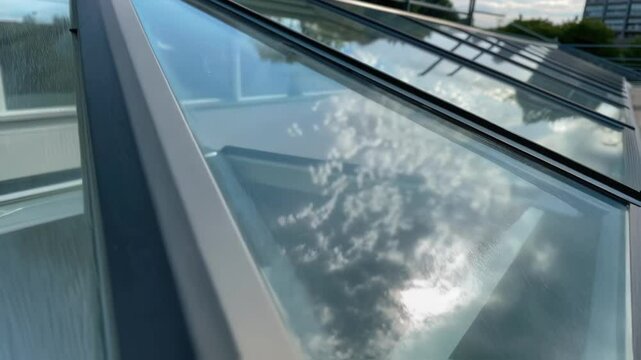 A closeup detailing the edge of a pane of heatreflective glass where the smooth finish contrasts with visible light refraction at different angles.