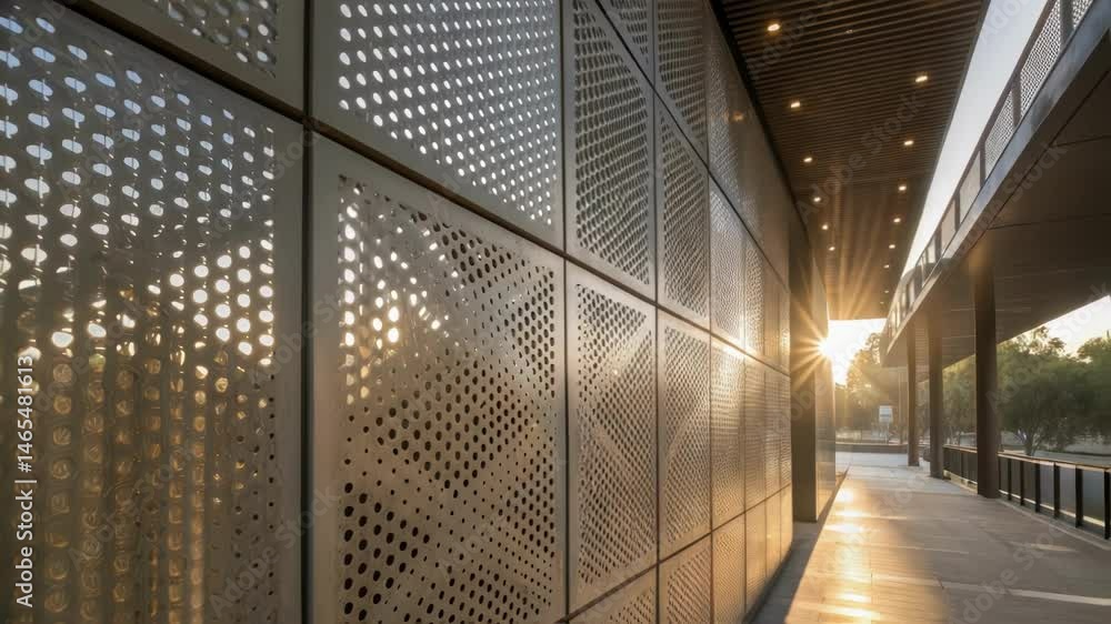 Poster A closeup image capturing the texture and design of a kinetic faÃ§ade comprised of perforated metal sheets where sunlight filters through to create a pattern of light play on the