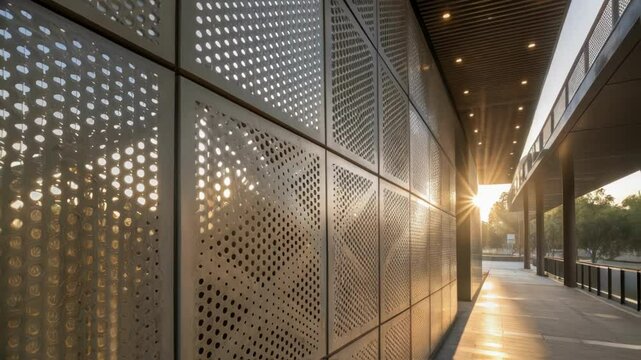 A closeup image capturing the texture and design of a kinetic fa&Atilde;&sect;ade comprised of perforated metal sheets where sunlight filters through to create a pattern of light play on the