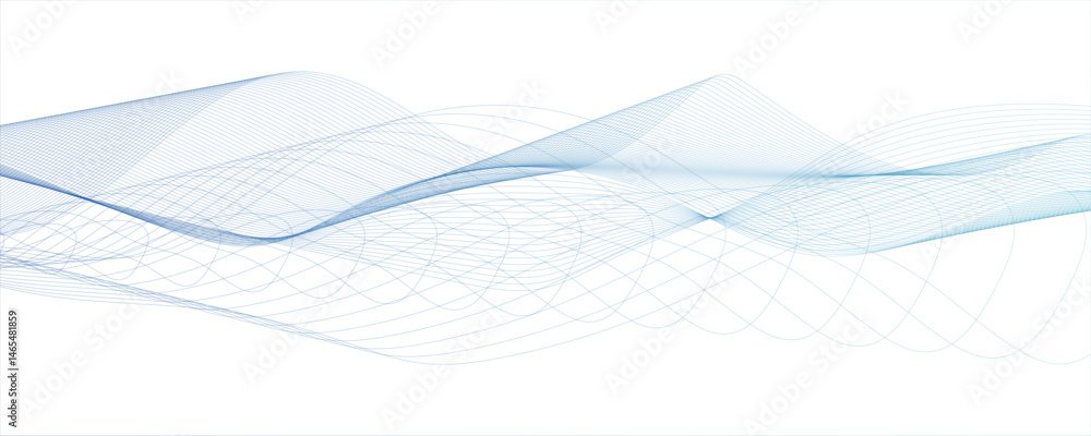 Poster minimalist abstract wave design consisting of smooth, flowing white and blue lines on a white backgr