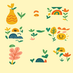 Obraz premium A collection of flower-themed vector objects featuring colorful and cheerful illustrations. Perfect for children's projects, educational materials, animations, stickers, and digital designs.