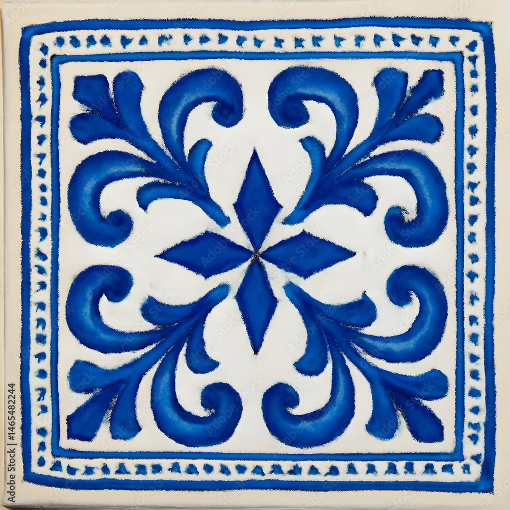Aufkleber square decorative tile with a symmetrical blue floral and scroll pattern and a double border