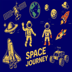 A collection of space-themed vector objects featuring colorful and playful illustrations of planets, rockets, astronauts, satellites, stars, comets, and UFOs. Perfect for kids’ projects, educational m