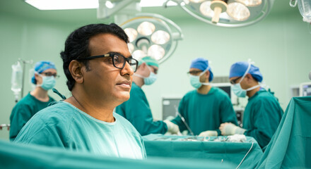 Asian male surgeon in operating room with medical team performing surgery