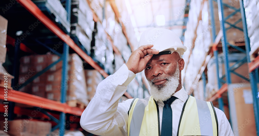 Poster Warehouse, engineer and portrait of man in shipping inventory with boxes, shelf and stock management. Distribution, plant and mature worker in cargo storage for global export in supply chain business