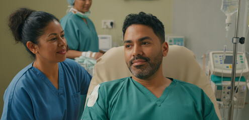 Hispanic male patient in hospital with female nurse providing care