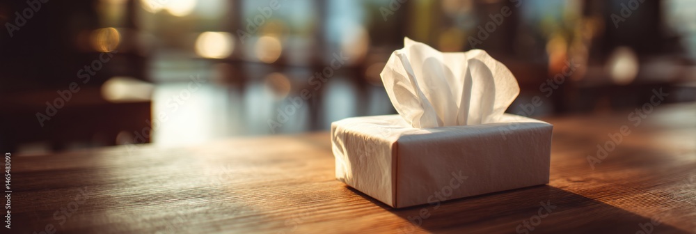 Aufkleber Tissue Box Resting on Wooden Table Under Soft Warm Light in a Cozy Setting During Late Afternoon Generative AI
