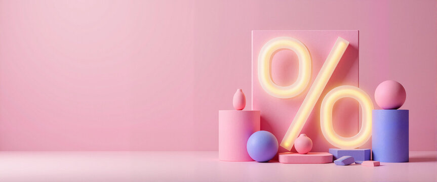 Colorful geometric shapes with neon percentage sign on pink background  