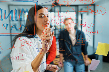 Professional business team brainstorming and working together about marketing project. Female caucasian leader writing idea on stick note while coworker present her idea confidently. Immaculate.