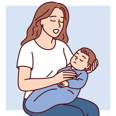 Young mother sitting and singing lullaby to her little baby son while holding him in arms, expressing tenderness love care emotional bonding, affection, happiness and calming presence during bedtime