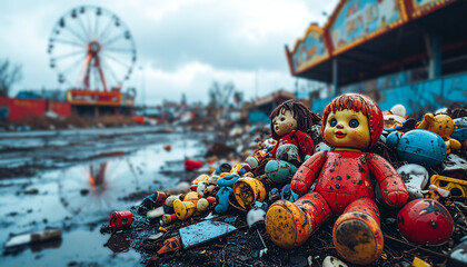 Close-up of a pile of dirty, broken dolls and colorful plastic toys at an abandoned amusement park against a background of rusty ferris wheels and dilapidated structures.
