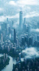 Aerial view of a city shrouded in mist. Skyscrapers and parks are visible amidst the hazy atmosphere