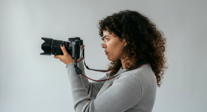 Young hispanic female photographer capturing with camera