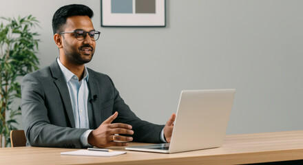 Young asian male professional in virtual meeting with laptop and notebook in office
