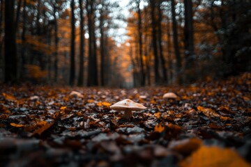 Autumn forest path with mushroom