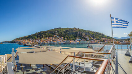 Feryy leaving the port of Gythio on its way to Crete, Greece on a sunny day