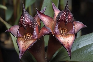 Two exotic orchids with dark purple and brown petals.