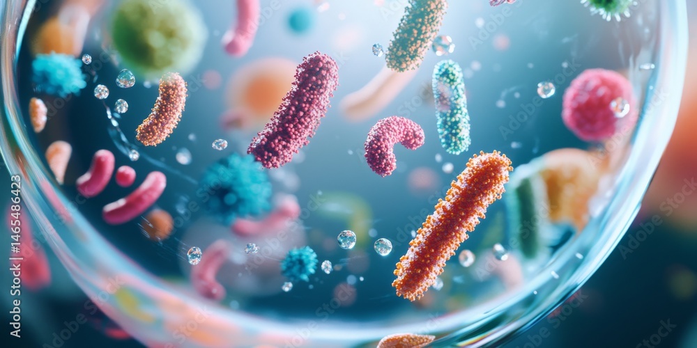 Poster colorful microscopic organisms in a glass sphere. this image showcases a stunning array of bacteria 