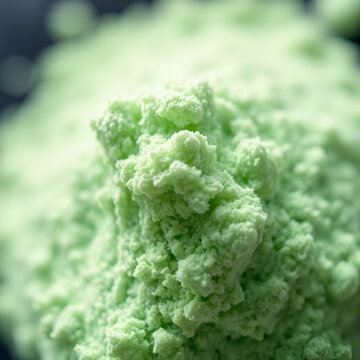 Intricate crystalline structure of sodium chlorite powder in vibrant green hues highlighting texture and detail in a macro perspective with bokeh effects