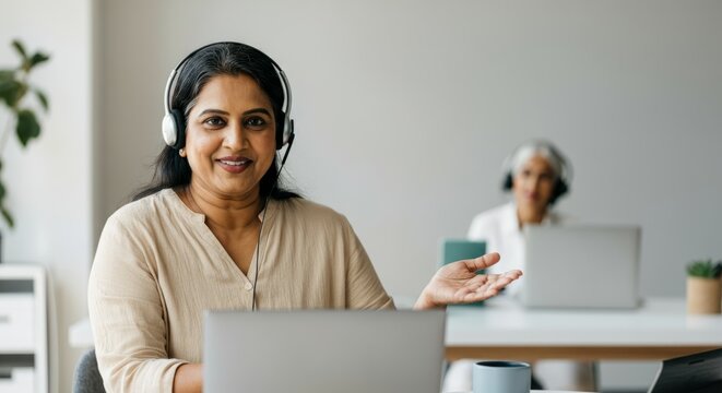 Asian female adults working on laptops in office setting with headphones