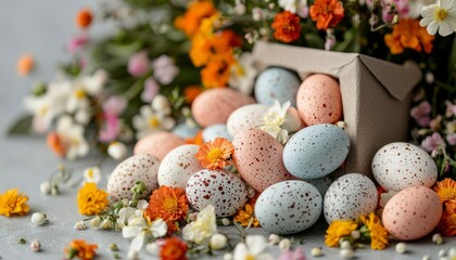 Obraz premium Easter eggs in a box with flowers