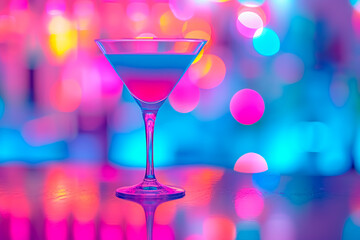 A close-up of a colorful cocktail in a martini glass, set against a vibrant neon-lit background, perfect for nightlife, party, and celebration themes