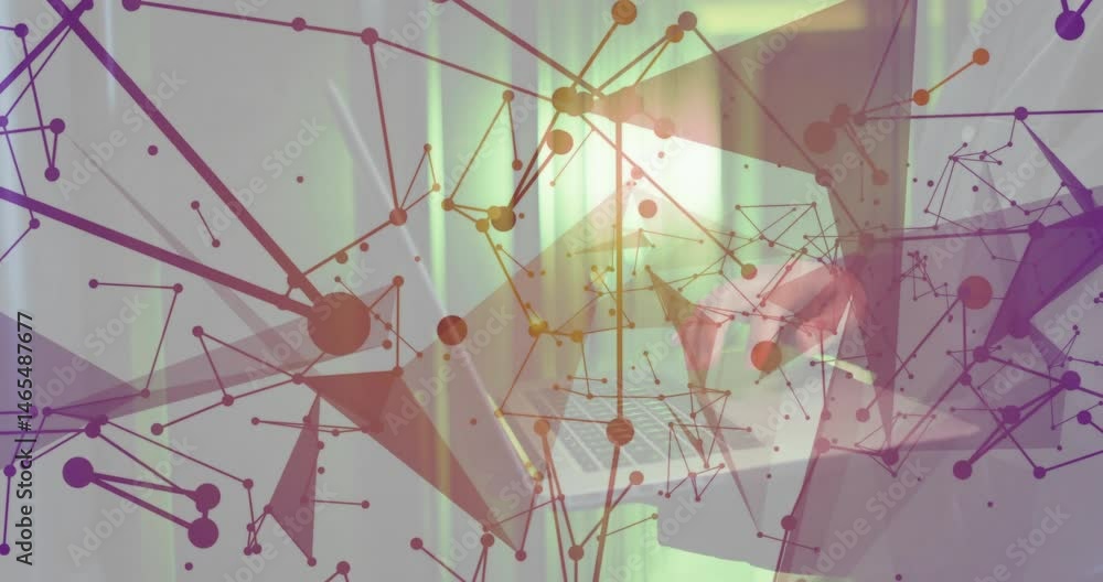 Aufkleber technology manager typing on laptop in office, showing animated network nodes and lines
