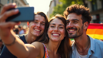 Happy friends taking a selfie. LGBT Pride month . A non-binary person