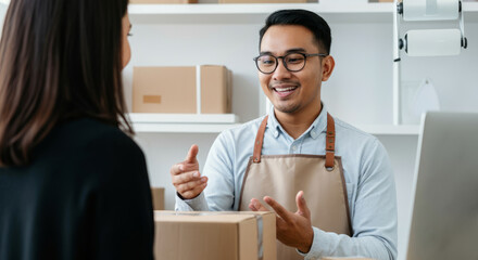 Asian male young adult shopkeeper assisting customer in retail setting