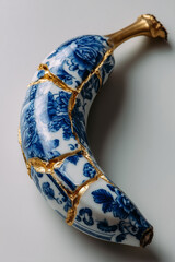 Creative fusion of porcelain elegance and fruit simplicity displayed on a minimalistic background