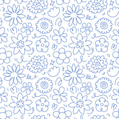 Seamless Doodle Pattern Flowers. Hand drawn ornament, pen doodles. Vector cartoon elements