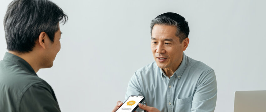 Mature asian males discussing app on smartphone in modern workspace - Powered by Adobe