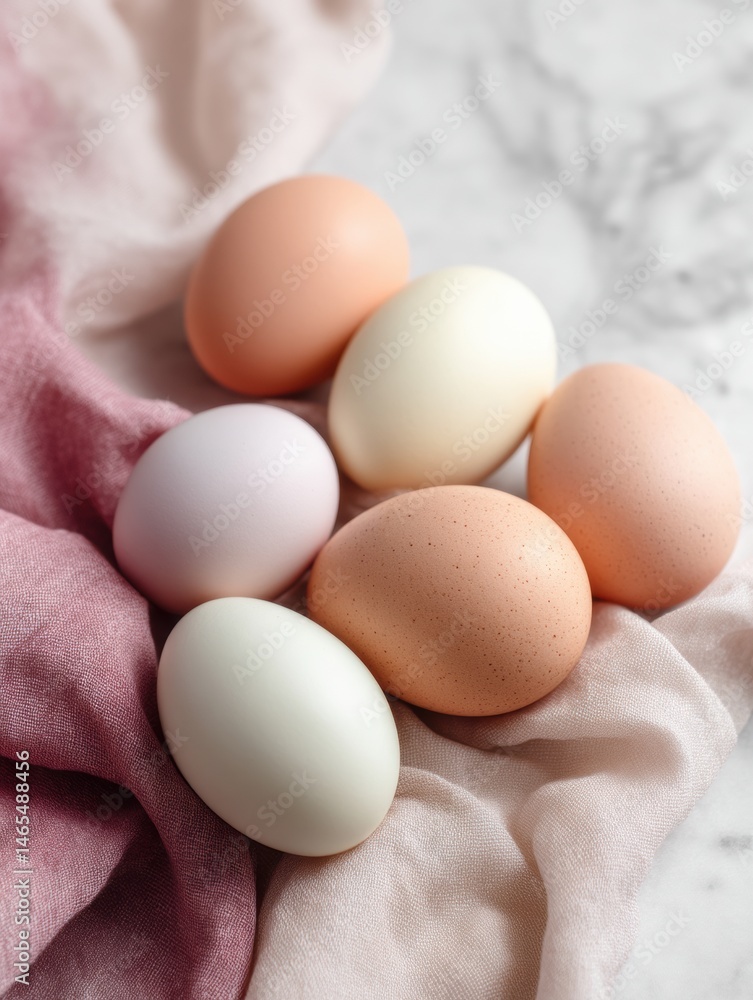 Leinwandbilder elegant display of six assorted eggs arranged on a marble surface with soft, draped fabric in a natu