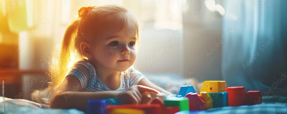Poster cute little girl playing with colorful building blocks at home in sunlight