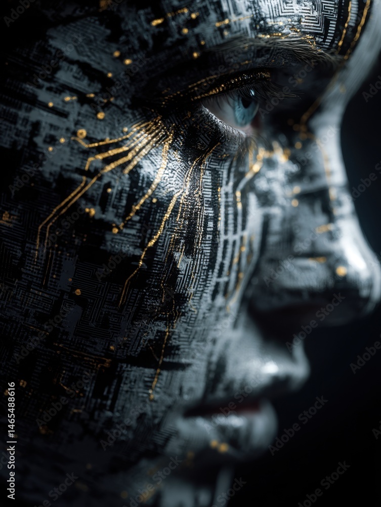 Poster artificial intelligence, human face showing digital printed circuit board pattern