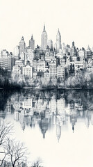 Fototapeta premium A monochromatic cityscape with reflections on a tranquil body of water