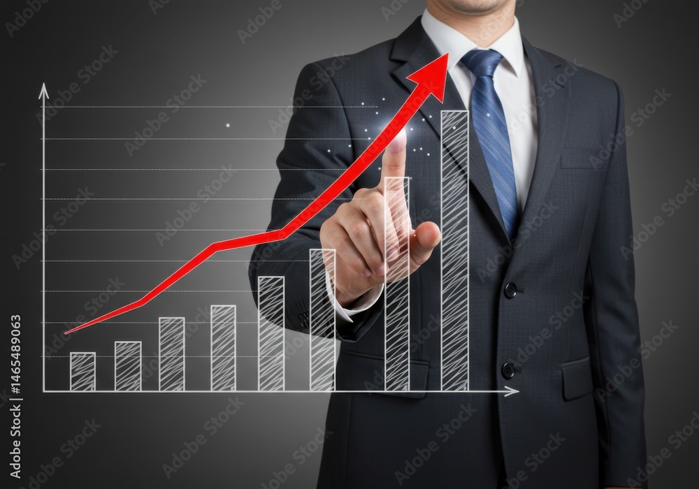Poster man in suit pointing at rising red arrow and bar graph showing positive financial growth concept