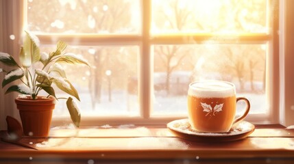 Cozy winter scene by the window with steaming drink.